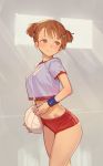  1girl bangs blush brown_eyes brown_hair buruma commentary crop_top facing_away gym_shorts hair_ornament hairclip highres legs looking_away midriff red_buruma red_shorts short_hair short_twintails shorts simple_background smile solo standing stomach sweatband thick_thighs thighs tim_loechner twintails underwear volleyball window 