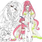  1boy 1girl blush breasts brother_and_sister dress fish_girl full_body hair_ornament humanization jewelry long_hair looking_at_viewer mipha red_skin redhead shorts shuri_(84k) siblings sidon smile the_legend_of_zelda the_legend_of_zelda:_breath_of_the_wild white_background yellow_eyes younger zora 
