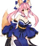  1girl animal_ears bare_shoulders blue_legwear blush bow breasts cleavage detached_sleeves fate/extra fate/extra_ccc fate/grand_order fate_(series) fox_ears fox_tail hair_bow hair_ribbon japanese_clothes large_breasts light_smile looking_at_viewer pink_hair ribbon simple_background solo tail tamamo_(fate)_(all) tamamo_no_mae_(fate) thigh-highs white_background yellow_eyes 