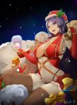  2girls altera_(fate) altera_the_santa alternate_costume breasts bridal_gauntlets christmas cleavage dark_skin elbow_gloves fate/grand_order fate_(series) gloves heart heart-shaped_pupils highleg highleg_panties highres large_breasts long_hair looking_at_viewer minamoto_no_raikou_(fate/grand_order) mistletoe multiple_girls navel panties purple_hair rainwasher red_eyes red_gloves revealing_clothes sack santa_costume sheep short_hair sideboob silver_hair sky small_breasts smile star star_(sky) starry_sky symbol-shaped_pupils thigh-highs underwear violet_eyes 