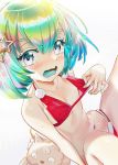 1other androgynous bangs bare_shoulders bikini bikini_pull blue_eyes blue_hair blush bra bra_pull christmas commentary_request diamond_(houseki_no_kuni) el-zheng embarrassed fingernails flat_chest fur_trim green_nails grey_background hair_ornament houseki_no_kuni looking_at_viewer multicolored_hair nail_polish navel open_mouth pulled_by_self red_bikini shiro_(houseki_no_kuni) short_hair star star_hair_ornament sweat swimsuit tears underwear