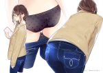  1girl ama_mitsuki arm_at_side ass bag bent_over black-framed_eyewear black_panties blurry blush braid brown_coat brown_eyes brown_hair closed_mouth coat cropped_legs dated denim depth_of_field from_behind from_side glasses hair_over_shoulder handbag holding jeans long_hair long_sleeves multiple_views open_clothes open_coat original panties pants pocket polka_dot polka_dot_panties profile simple_background single_braid sleeves_past_wrists standing tight tight_pants twitter_username underwear undressing white_background 