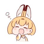  1girl animal_ears bangs bare_shoulders batta_(ijigen_debris) blush_stickers bow bowtie bubble chibi closed_eyes commentary covering_mouth elbow_gloves facing_viewer gloves hand_over_own_mouth hand_up kemono_friends orange_hair serval_(kemono_friends) serval_ears serval_print short_hair simple_background solo tears upper_body white_background yawning 
