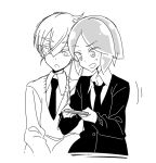  2others antarcticite cellphone commentary_request contemporary earphones holding holding_phone houseki_no_kuni monochrome necktie phone phosphophyllite shared_earphones short_hair simple_background smartphone sou_(mgn) sweater thick_eyebrows very_short_hair white_background 