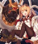  1girl 2018 ;d animal animal_ears ankle_cuffs bangs bare_shoulders black_background black_legwear blonde_hair blunt_bangs blush breasts brown_hair dog dog_ears eyebrows_visible_through_hair feet_out_of_frame granblue_fantasy hair_ribbon happy_new_year highres knees_up light_particles long_sleeves looking_at_viewer maru_(sw1tch) new_year one_eye_closed open_mouth pantyhose red_ribbon ribbon short_hair shoulder_cutout simple_background sitting small_breasts smile solo twitter_username vajra_(granblue_fantasy) wide_sleeves 