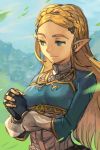  1girl bangs black_gloves blonde_hair blue_eyes braid closed_mouth day fingerless_gloves fingernails gloves grass hair_ornament hairclip hands_clasped hankuri interlocked_fingers long_hair long_sleeves outdoors own_hands_together parted_bangs pointy_ears princess_zelda smile solo the_legend_of_zelda underbust 