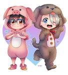  2boys ;d animal_costume black_hair blue-framed_eyewear blue_eyes brown_eyes character_name dog_costume glasses heart heart-shaped_mouth heart_hands iza_(izariez) katsuki_yuuri male_focus multiple_boys one_eye_closed open_mouth paw_pose pig_costume silver_hair smile viktor_nikiforov yuri!!!_on_ice 