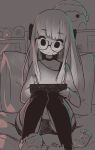  1girl angelica_(k3lly) black_choker black_eyes blush_stickers cameo cat_slippers choker commentary controller domino_mask drawing_tablet facing_viewer game_controller glasses head_tilt heart highres holding inkling light long_hair long_sleeves mask nintendo_switch on_bed original over-kneehighs sepia shirt shorts sitting slippers solo splatoon stylus tablet thigh-highs 