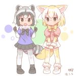  2girls animal_ears black_gloves black_hair black_neckwear black_skirt blonde_hair bow bowtie breast_pocket brown_eyes colo_(frypan_soul) common_raccoon_(kemono_friends) dated eyebrows_visible_through_hair fang fennec_(kemono_friends) fox_ears fox_tail full_body fur_collar fur_trim gloves grey_hair kemono_friends looking_at_viewer miniskirt multicolored_hair multiple_girls open_mouth pantyhose pink_sweater pleated_skirt pocket raccoon_ears raccoon_tail short_hair short_sleeves skirt standing sweater tail thigh-highs white_footwear white_gloves white_hair white_skirt yellow_legwear yellow_neckwear zettai_ryouiki 