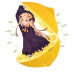 1girl abigail_williams_(fate/grand_order) artist_name bangs black_bow black_dress black_hat blonde_hair bow butterfly closed_mouth commentary_request dress fate/grand_order fate_(series) food forehead fruit grey_eyes hair_bow hat lemon long_hair long_sleeves looking_at_viewer miruuchain orange_bow parted_bangs polka_dot polka_dot_bow sleeves_past_wrists solo very_long_hair white_background 