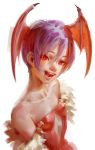  1girl bare_shoulders breasts demon_girl fangs fur_trim hair_between_eyes head_wings heart heart-shaped_pupils leotard licking_lips lilith_aensland looking_at_viewer open_mouth purple_hair red_eyes red_leotard short_hair simple_background small_breasts solo succubus symbol-shaped_pupils tim_loechner tongue tongue_out upper_body vampire_(game) white_background 