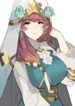  1girl absurdres blue_eyes breasts brown_hair dotentity dress earrings expressionless fire_emblem fire_emblem_heroes fur_trim gradient gunnthra_(fire_emblem) highres jewelry large_breasts long_hair looking_at_viewer pink_hair simple_background solo veil white_background 