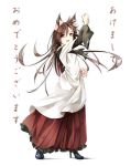  1girl :d animal_ears brown_eyes brown_hair fang frilled_skirt frills gorilla_(bun0615) high_heels highres imaizumi_kagerou long_hair long_skirt open_mouth pose shirt simple_background skirt smile touhou translation_request white_background white_shirt wide_sleeves wolf_ears 