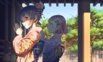  2girls bangs black_hair blue_kimono blue_sky blurry bouzu_(bonze) brown_hair commentary_request day depth_of_field eyebrows_visible_through_hair floral_print flower from_side furisode green_eyes hair_bun hair_flower hair_ornament hands_together japanese_clothes kimono looking_at_viewer multiple_girls open_mouth original outdoors parted_lips pink_kimono praying print_kimono red_eyes sash short_hair shrine sky tree wide_sleeves 