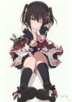  1girl absurdres blurry depth_of_field detached_sleeves dress headphones highres kneehighs ogipote sendai_(kantai_collection) shoes skirt solo tagme white_background winking 