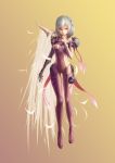  1girl absurdres alternate_costume beige_background bodysuit breasts chongtian_yixiao_shualuanfei commentary_request energy_wings floating full_body gradient gradient_background highres kishin_sagume lips looking_at_viewer prosthesis prosthetic_arm purple_bodysuit science_fiction short_hair silver_hair single_wing small_breasts solo spaulders thigh_gap touhou violet_eyes wings yellow_background 