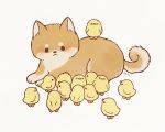  ayu_(mog) bird black_eyes blush chibi chick dog grey_background no_humans original shiba_inu simple_background 