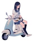  1girl black_eyes black_hair black_legwear blouse blue_bow blue_neckwear blue_skirt bow bowtie calico cat cat_on_lap cat_on_person collared_shirt converse dress_shirt full_body ground_vehicle kneehighs long_hair motor_vehicle nakamura_hinata on_lap on_vehicle original pleated_skirt revision scooter shirt shoes short_sleeves sidesaddle simple_background sitting skirt sneakers solo striped striped_bow striped_neckwear vespa white_background white_blouse wing_collar 