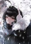  1girl absurdres ahoge black_hair black_nails blue_hair brown_eyes colored_inner_hair earmuffs fingerless_gloves fur_trim gloves highres irene_(kanniiepan) kanniiepan looking_at_viewer medium_hair mole mole_on_cheek multicolored_hair original smile snowing solo teeth two-tone_hair 