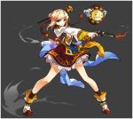  1girl artist_request black_legwear blonde_hair blue_eyes dual_wielding elsword full_body grey_background gun hair_bun hair_ornament hair_ribbon hair_stick holding holding_gun holding_weapon jamming_(elsword) looking_at_viewer official_art red_ribbon red_skirt ribbon rose_(elsword) shirt shoes short_hair simple_background skirt socks solo standing tassel weapon white_border white_footwear white_shirt 