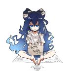  1girl absurdres antinomy_of_common_flowers begging blue_eyes blue_hair cup frown hair_ribbon hh highres long_hair looking_at_viewer newspaper poverty ribbon seiza shion sitting solo talismans tears touhou translation_request very_long_hair yorigami_shion 