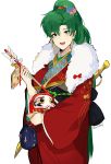  1girl :d absurdres alternate_costume arrow bag bangs bell blush daruma_doll dotentity earrings ema eyebrows_visible_through_hair fire_emblem fire_emblem:_rekka_no_ken flower fur_collar green_hair greyscale hair_flower hair_ornament hamaya highres holding japanese_clothes jewelry jingle_bell kimono long_hair long_sleeves looking_at_viewer lyndis_(fire_emblem) monochrome open_mouth ponytail red_kimono round_teeth simple_background smile solo standing teeth white_background wide_sleeves 