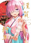  1girl :d akeome blue_eyes fate/grand_order fate_(series) fingernails glasses hair_over_one_eye hand_up happy_new_year holding japanese_clothes kimono long_sleeves looking_at_viewer mash_kyrielight new_year open_mouth pink_hair pink_kimono shielder_(fate/grand_order) short_hair smile solo translated umihotaru_harumare upper_body violet_eyes wide_sleeves 