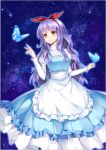  1girl apron blue_butterfly blue_dress brown_eyes butterfly_on_hand dress hairband hand_up long_hair maid_apron night night_sky original purple_hair red_ribbon ribbon sky standing very_long_hair wavy_hair yuu_li_(glass) 