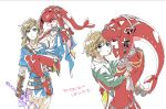  1boy 1girl blonde_hair blue_eyes blush breasts carrying closed_eyes fins fish_girl hair_ornament jewelry link long_hair looking_at_viewer mipha monster_girl multicolored multicolored_skin no_eyebrows pointy_ears princess_carry red_skin redhead shuri_(84k) smile solo the_legend_of_zelda the_legend_of_zelda:_breath_of_the_wild translation_request yellow_eyes younger zora 