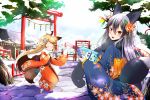 2girls animal_ears blonde_hair blush closed_eyes ezo_red_fox_(kemono_friends) floral_print fox_ears fox_tail game_boy geta hair_between_eyes hair_ornament handheld_game_console highres holding japanese_clothes kemono_friends kimono long_sleeves looking_at_viewer lucky_beast_(kemono_friends) multicolored_hair multiple_girls obi outdoors sash scarf shrine silver_fox_(kemono_friends) silver_hair snow tabi tail tree uni_mate wide_sleeves 