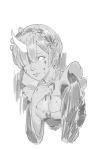  1girl bangs blood blood_on_face blunt_bangs breasts cleavage closed_mouth commentary glowing glowing_eyes glowing_horns greyscale hair_over_one_eye headdress horn lips looking_at_viewer maid medium_breasts monochrome one_eye_covered re:zero_kara_hajimeru_isekai_seikatsu rem_(re:zero) sketch solo tim_loechner upper_body 