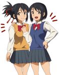  2girls black_hair brown_eyes commentary_request dual_persona hair_ribbon hand_on_another&#039;s_shoulder hand_on_own_chest kimi_no_na_wa long_sleeves looking_at_viewer miniskirt miyamizu_mitsuha multiple_girls onomekaman open_mouth red_ribbon ribbon school_uniform short_hair skirt smile sweater_vest 