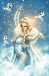 1girl blonde_hair blue_eyes breasts bridal_gauntlets cape cleavage corset cosplay elbow_gloves elias_chatzoudis elsa_(frozen) emma_frost emma_frost_(cosplay) frozen_(disney) fur-trimmed_cape fur_trim gloves hair_ornament highres large_breasts long_hair looking_at_viewer no_bra panties partially_fingerless_gloves signature snow snowflake_hair_ornament snowflakes snowman solo underwear white_gloves white_panties