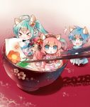  &gt;_&lt; 1boy 2018 2girls :3 ahoge animal_ears aqua_eyes aqua_hair blue_hair bowl chestnut_mouth chibi chopsticks eating flower food hair_flower hair_ornament hairband happy_new_year hatsune_miku highres in_food japanese_clothes kaito kimono long_hair megurine_luka miniboy minigirl multiple_girls new_year niwako pink_hair scarf sweatdrop very_long_hair vocaloid wavy_mouth zouni_soup 