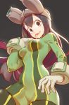  1girl :p arm_belt asui_tsuyu bangs black_eyes bodysuit boku_no_hero_academia breasts commentary contrapposto eyebrows_visible_through_hair gloves goggles green_bodysuit grey_background highres long_hair long_sleeves long_tongue looking_at_viewer low-tied_long_hair medium_breasts purple_hair simple_background solo standing thigh-highs tim_loechner tongue tongue_out upper_body very_long_tongue white_gloves 