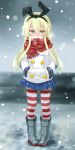  1girl blonde_hair blue_skirt commentary_request dd_(ijigendd) grey_eyes hair_between_eyes highres kantai_collection long_hair long_sleeves miniskirt pleated_skirt red_scarf scarf shimakaze_(kantai_collection) skirt snowing solo striped striped_legwear 