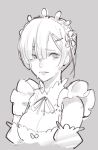  1girl bangs bare_shoulders blunt_bangs breasts cleavage commentary crying crying_with_eyes_open detached_sleeves grey_background greyscale hair_ornament hairclip lips looking_at_viewer maid medium_breasts monochrome neck_ribbon parted_lips re:zero_kara_hajimeru_isekai_seikatsu rem_(re:zero) ribbon short_hair simple_background sketch solo tears tim_loechner upper_body x_hair_ornament 