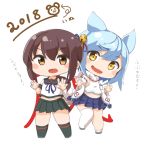  2018 2girls ame. animal_ears azur_lane black_hair black_sailor_collar black_skirt blue_hair blue_skirt blush_stickers brown_eyes chibi crossover curled_fingers detached_sleeves fox_ears fox_tail fubuki_(azur_lane) fubuki_(kantai_collection) kantai_collection looking_at_viewer low_ponytail multiple_girls namesake navel open_mouth pleated_skirt ponytail remodel_(kantai_collection) sailor_collar scarf school_uniform serafuku short_hair short_ponytail sidelocks single_thighhigh skirt smile standing tail thigh-highs white_legwear white_scarf yellow_eyes 