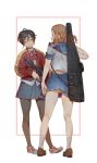  2girls adjusting_clothes adjusting_skirt assault_rifle backpack bag black_hair black_legwear blue_sailor_collar blue_skirt brown_eyes brown_footwear brown_hair collared_shirt contrapposto gun hair_ornament hairclip head_tilt highres holding holding_gun holding_weapon jacket long_sleeves looking_at_viewer multiple_girls original panties pantyhose pantyshot pantyshot_(standing) parted_lips pleated_skirt red_jacket rifle sailor_collar school_uniform serafuku shirt shoes short_hair skirt smile socks standing tim_loechner trigger_discipline underwear weapon white_legwear white_panties white_shirt wing_collar 