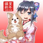 1girl 2018 :d akeome asashio_(kantai_collection) bangs blue_eyes bow commentary_request dog eyebrows_visible_through_hair fingernails floral_print gradient gradient_background hair_bow happy_new_year japanese_clothes kantai_collection kimono long_sleeves new_year obi one_eye_closed open_mouth red_background sash smile solo soubi translated wide_sleeves year_of_the_dog 