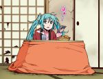  1girl bangs basket blue_eyes blue_hair commentary_request controller crack cup eyebrows eyebrows_visible_through_hair food frown fruit hair_between_eyes hatsune_miku highres holding kotatsu long_hair looking_away looking_to_the_side mandarin_orange messy_hair open_mouth pink_sweater remote_control shawl sitting solo suzushiro_(suzushiro333) sweater table twintails uneven_eyes vocaloid 
