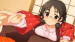  1girl asano_fuuka blush bow breast_press brown_eyes brown_hair food fruit glasses hair_bow idolmaster idolmaster_cinderella_girls kotatsu low_twintails mandarin_orange outstretched_arm pink_bow pole_(ppp1409) short_hair solo sweatdrop sweater table trembling twintails 