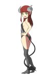  1girl :d absurdres ass backless_outfit bangs bare_arms bare_shoulders black_legwear black_leotard blunt_bangs blush breasts broken_horn brown_hair curled_horns demon_girl demon_horns demon_tail eyebrows_visible_through_hair full_body green_eyes hand_on_hip highres horns leotard long_hair looking_at_viewer looking_to_the_side no_shoes open_mouth original simple_background small_breasts smile solo standing tail thigh-highs toy_box-r upper_teeth white_background 