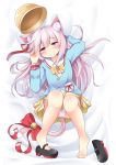  1girl agung_syaeful_anwar animal_ears arm_up azur_lane bangs barefoot bed_sheet bell black_footwear blue_shirt blush bow bowtie cat_ears cat_girl cat_tail closed_mouth commentary eyebrows_visible_through_hair feet full_body hair_between_eyes hair_ribbon hat hat_removed headwear_removed jingle_bell kindergarten_uniform kisaragi_(azur_lane) long_hair long_sleeves looking_at_viewer mary_janes panties pink_hair pleated_skirt red_bow red_ribbon ribbon school_hat shirt shoes shoes_removed single_shoe skirt solo tail tail_bell tail_bow underwear violet_eyes white_panties yellow_hat yellow_neckwear yellow_skirt 