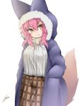  1girl anho animal_ears bangs blue_coat brown_skirt closed_mouth coat eyebrows_visible_through_hair fate/grand_order fate_(series) fox_ears fox_girl fox_hood fox_tail hair_between_eyes hands_in_pockets hooded_coat long_hair looking_at_viewer open_clothes open_coat pink_hair plaid plaid_skirt ribbed_sweater signature sketch skirt solo sweater tail tamamo_(fate)_(all) tamamo_no_mae_(fate) v-shaped_eyebrows white_background white_sweater yellow_eyes 