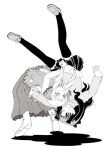  2girls arched_back boots catfight closed_mouth dress drill_hair fate/hollow_ataraxia fate/stay_night fate_(series) full_body greyscale kamen-maskman leaning_back loafers long_hair long_sleeves luviagelita_edelfelt miniskirt monochrome multiple_girls open_mouth parted_lips pleated_skirt shoes short_sleeves simple_background skirt smile surprised sweat sweater thigh-highs tohsaka_rin twintails two_side_up upside-down upskirt white_background wide-eyed wrestling zettai_ryouiki 