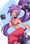  1girl ass bandeau bracer breasts cleavage dark_skin earrings finger_to_face hand_to_own_face harem_pants hoop_earrings its_just_suppi jewelry long_hair open_mouth pants pointy_ears ponytail purple_hair shantae_(character) shantae_(series) smile solo spike_ball tiara vambraces very_long_hair 
