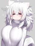  1girl :&lt; ahoge animal_ears blush breasts closed_mouth drowsy eyebrows_visible_through_hair fox_ears fox_tail grey_background hair_between_eyes large_breasts long_hair long_sleeves mofuaki original shiny shiny_hair silver_hair simple_background solo sweater tail tareme turtleneck turtleneck_sweater upper_body violet_eyes white_sweater 