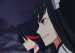  2girls black_hair blue_eyes blush commentary_request eyebrows hair_ornament hairclip highres kill_la_kill kiryuuin_satsuki looking_at_another matoi_ryuuko multicolored_hair multiple_girls official_art smile streaked_hair sushio thick_eyebrows 