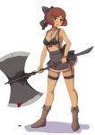  1girl absurdres axe bangs bare_shoulders battle_axe bikini_top black_bikini_top black_bow black_skirt blood blush boots bow brown_eyes brown_footwear brown_hair collarbone eyebrows_visible_through_hair facial_mark food front-tie_bikini front-tie_top full_body garter_straps hair_bow highres holding holding_axe holding_weapon jewelry looking_away looking_to_the_side original parted_lips pendant pleated_skirt short_hair skirt solo standing sushi tan tanline thigh_strap toy_box-r weapon white_background wristband 